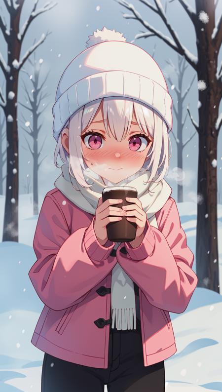 111472-580531654-1girl, white hair, short hair with long locks, pink eyes, pink jacket, black pants, white beanie, white scarf, cold, breath, nos.png